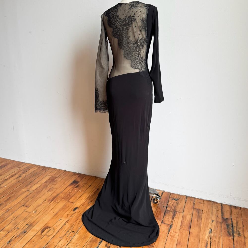 Black Asymmetric Mesh & Lace Evening Gown - Picture 6 of 16